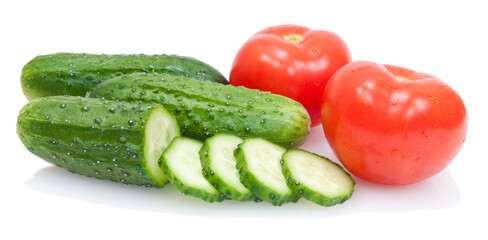 tomatoes and cucumbers with drops of water isolated on white background