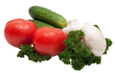 champignons tomatoes cucumbers and greeanage isolated on white background