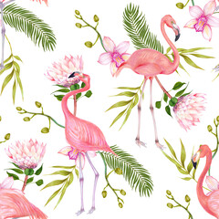 Watercolor illustration of pink flamingo bird with pink orchid flowers, bamboo leaves , areca palm, protea flower seamless pattern.