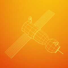 Space station communications satellite. Wireframe low poly mesh vector illustration.