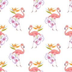 Watercolor illustration of pink flamingo bird with pink orchid flowers and strelitzia flower seamless pattern.