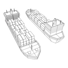 Heavy dry cargo ship of bulk carrier with freight containers. Wireframe low poly mesh vector illustration.