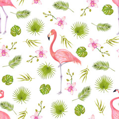 Watercolor illustration seamless pattern of pink flamingo bird with pink orchid flowers and tropical leaves. 
