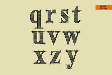 art antique empire alphabet in vector, classical black handmade font, lowercase letters, part 2