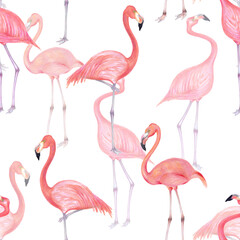 Watercolor illustration of pink flamingo bird seamless pattern.