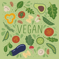 Healthy vegan food set. Hand drawn isolated elements on a light green background. Vector illustration