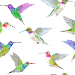 Obraz na płótnie Canvas Watercolor tropical humminbird colibri birds seamless pattern.