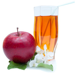 red apple with white flowers and glass of juice isolated on white background