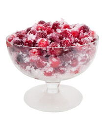 cranberry with a sugar in a glass bowl isolated on white background