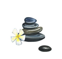 Obraz na płótnie Canvas Watercolor composition of hot black stones for stone therapy and massage with Asian frangipani flower isolated on a white background. Design for SPA salons, invitations and advertising. Body care 