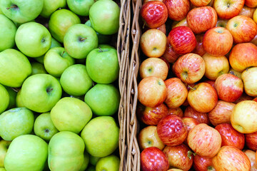 red and green ripe apples. Ripe apple tree fruits, closeup. Harvest apple s, a bunch of fruits on a shelf in the store.