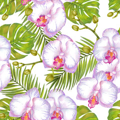 Orchid watercolor seamless pattern flowers with monstera leaf and areca palm. Hand drawn illustration