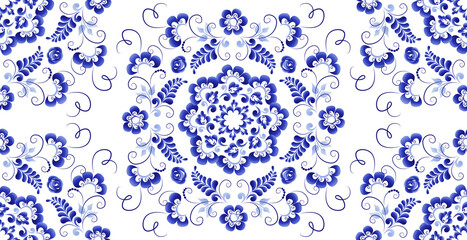 Seamless floral pattern made in the technique of Russian folk art Gzhel. Abstract design