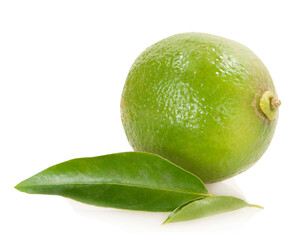 lime with green leaves isolated on white background