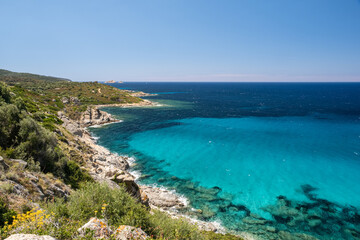 Turquoise sea and rugged coast of Corsica