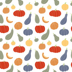 Pumpkin, squash, zucchini, marrow. Various shapes and colors. Perfect for autumn decorative design, thanksgiving and halloween invitation, harvest. Vector flat illustration, seamless pattern