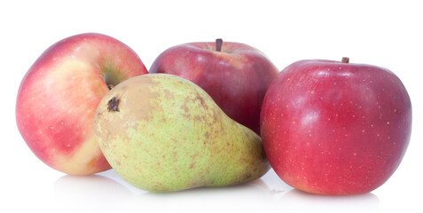 red apples and green pear isolated on white background
