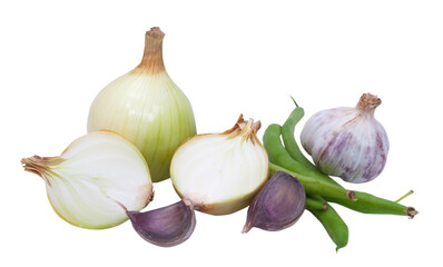 slice onion garlic and asparagus isolated on white background
