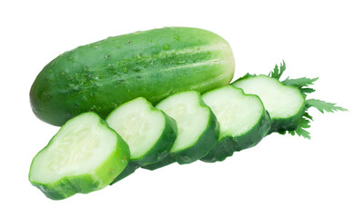 fresh green cucumber anf green parsley isolated on white background
