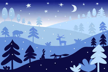 Stylized forest at night. Vector illustration. Background.