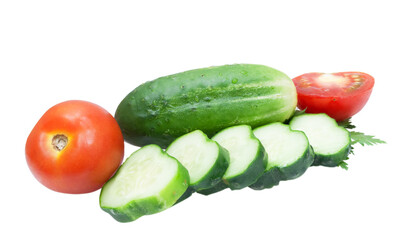 green cucumbers and tomato isolated on white background