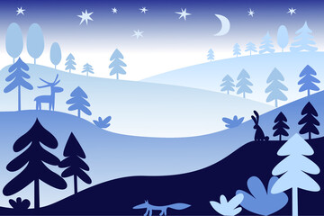 Stylized forest at night. Vector illustration. Background.