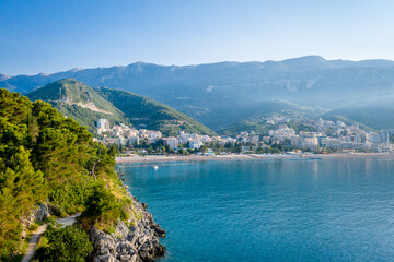 view of Becici beach at the sunrise. Budva. Montenegro