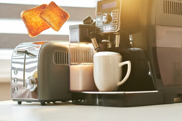 Aromatic coffee with golden toast for breakfast. Coffee is made on a professional coffee machine. Flat white with a large milk foam