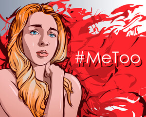 Hashtag Metoo illustration trending social-media movement against sexual harassment. Portrait of a young scared woman who is hiding behind her hands. Picturesque abstract background.
