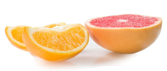 sliced fresh orange and grapefruit isolated on white