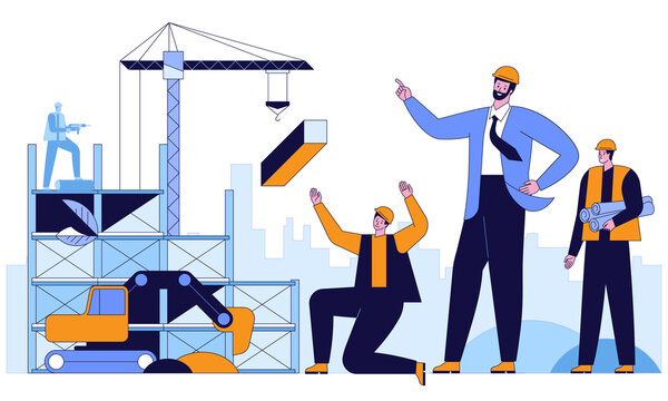 Working At Construction Site Engineers Industrial Technicians And Workers Team In Hard Hats Discuss New Project They're Making Calculated Engineering Decisions Vector Flat Horizontal Illustration