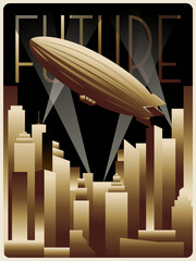 Flying Dirigible Zeppelin, Skyscraper Cityscape Retro Futurism Art Deco Style Poster © koyash07