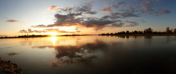 Colorful sunset by the Odra River, Poland.