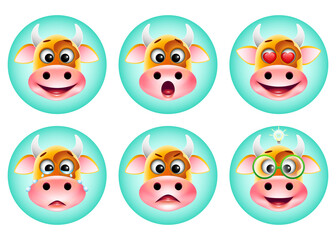 icons set of cute cartoon emotion cow on blue background. Happy, cry, surprised, love, idea, angry emoticons. Vector illustration.