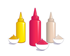 Sauces bottles and bowls in cartoon style. Vector illustration