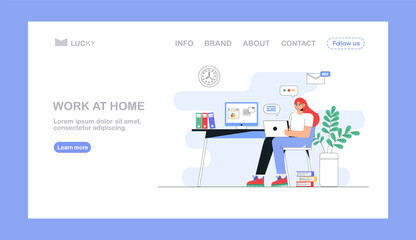 Obraz na płótnie Canvas Freelance, online education or social media concept. Home office concept, woman working from home in laptop. Flat style vector illustration for landing page,flyer.
