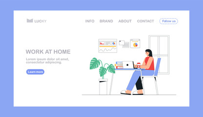 Obraz na płótnie Canvas Freelance, online education or social media concept. Home office concept, woman working, sitting with laptop at home. Flat style vector illustration for landing page,flyer.