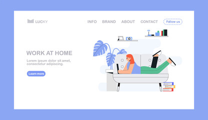 Home working office concept, woman work from home lying on the sofa, student, freelancer. Flat vector concept illustration for landing page,flyer.