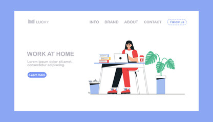 Girl is sitting at a table with laptop. Woman working from home. Home office concept, flat style vector illustration. Freelance, online education or social media concept for landing page,flyer.