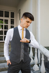 Portrait of serious focused smart intelligent thoughtful planning handsome economist wearing a...