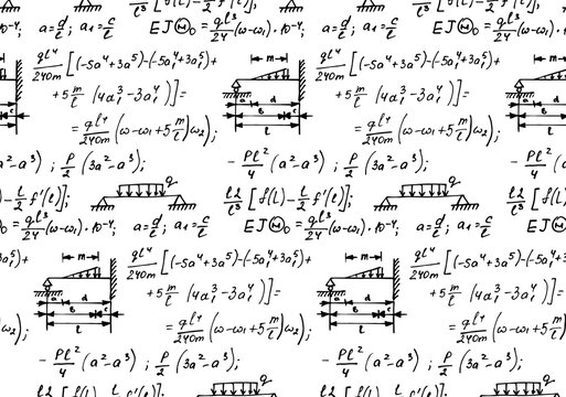 Physical equations and formulas on whiteboard. Vector hand-drawn seamless pattern. Education and scientific background.