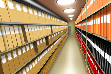 Document archive with many files and binders on shelves in basement room with electric lights,...
