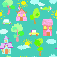 Seamless vector pattern of children's drawing. House, clouds, trees. Line vector drawing. Drawn by a child. Suitable for children's room decoration, fabric, decor. Doodle style.