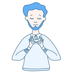 A man with a beard and eyes closed in a shirt and sweater does yoga and meditation. Vector illustration. Flat character. Light pastel gamma