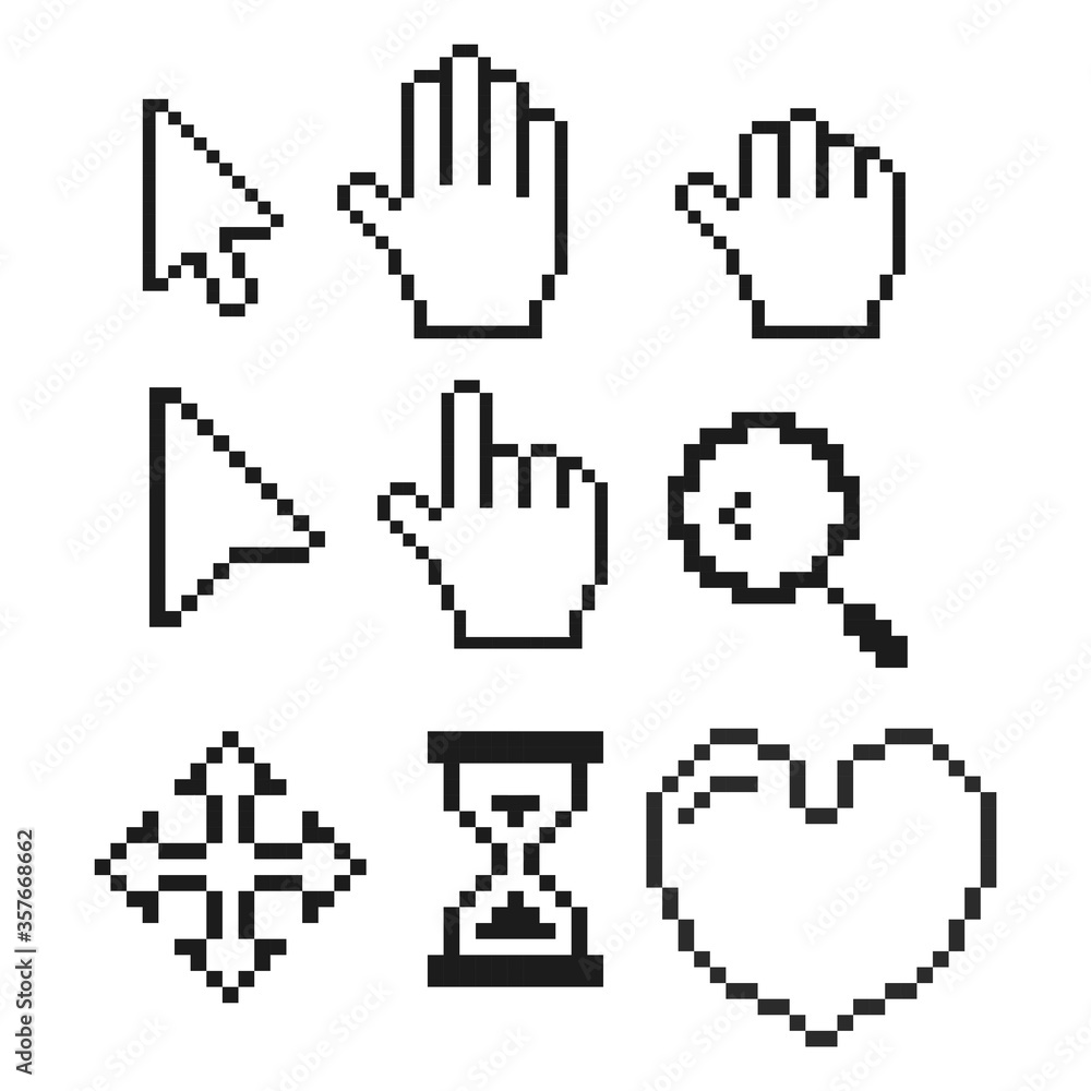 Poster pixel cursors set, cursor arrow, hand cursor. computer mouse pointer, mouse direction. vector illust