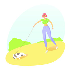 Girl walking a French bulldog. Vector graphics. 