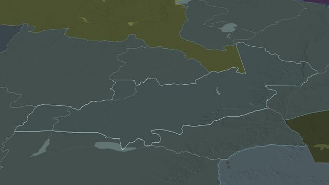 Central, province with its capital, zoomed and extruded on the administrative map of Zambia in the conformal Stereographic projection. Animation 3D