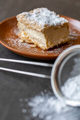 Cremșnit sitting on top of a plate. Is made out of filo pastry of usually three layers with cream on top and crumble sprinkled on it.