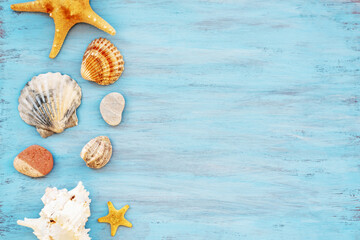 beach scene concept with sea shells and starfish on blue wooden backdrop