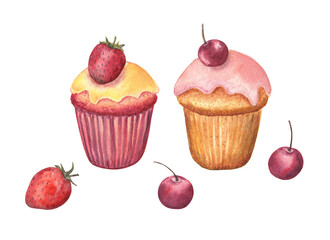 Watercolor illustration of the two freshly muffins with sugar glaze and berries. Hot and bright, right from the oven! Sweet element for design, postcards and posters for cafés.